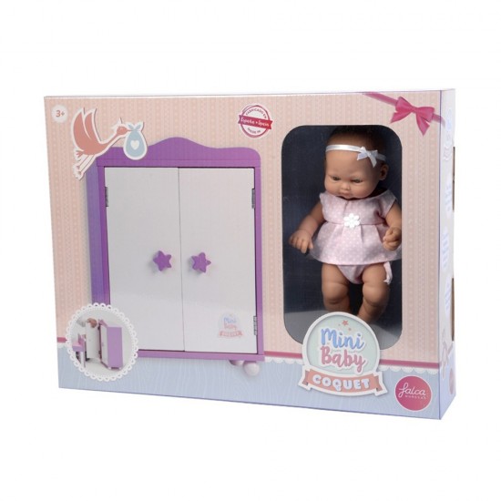 MINI BABY COQUET WOODEN WARDROBE WITH A DOLL Size 28cm