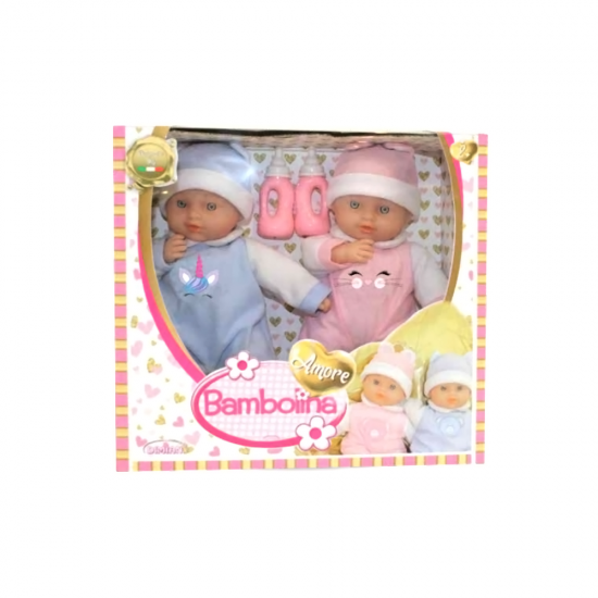BAMBOLINA AMORE 28CM TWINS DOLL WITH 2 BOTTLES